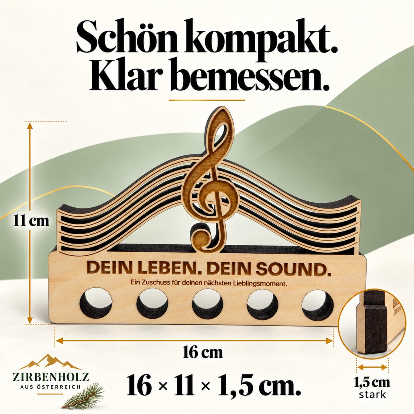 Dein Leben Dein Sound – Geldgeschenk aus Zirbenholz