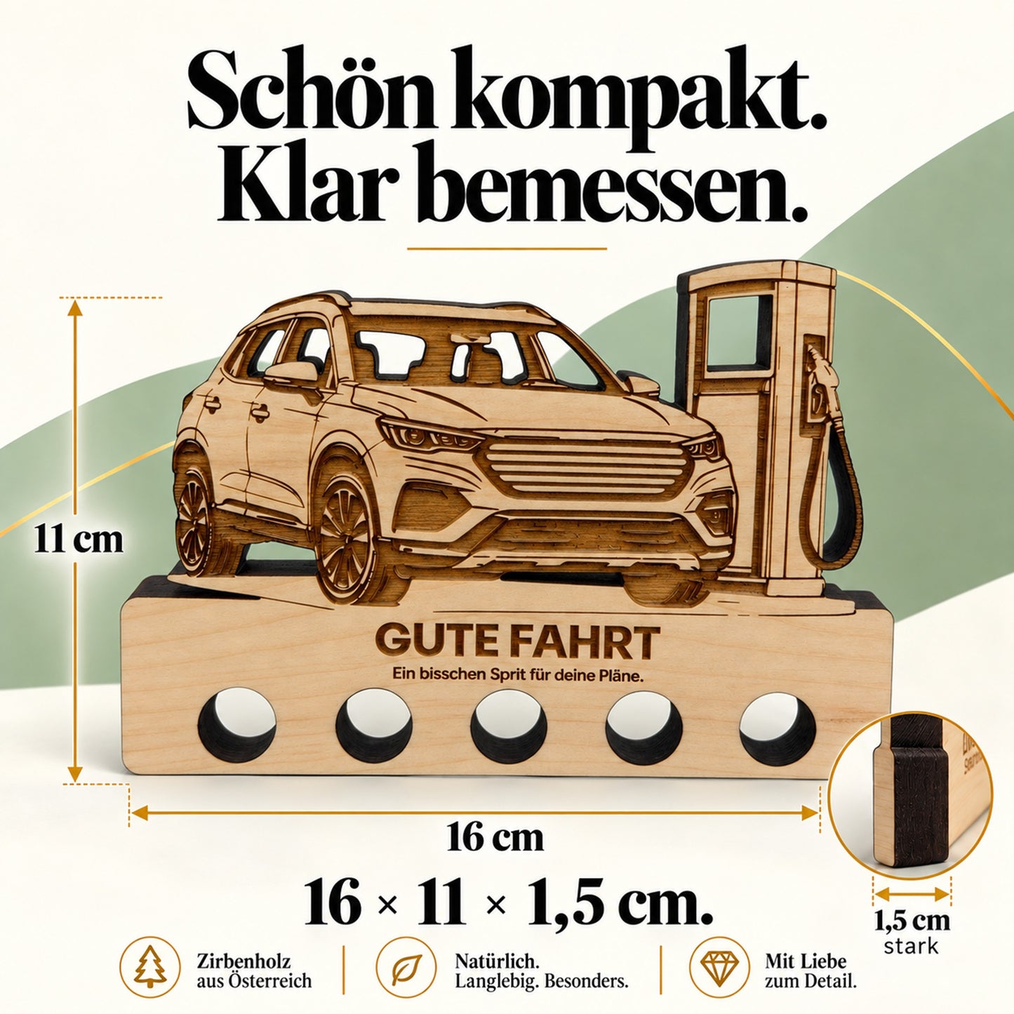 Gute Fahrt – Geldgeschenk aus Zirbenholz