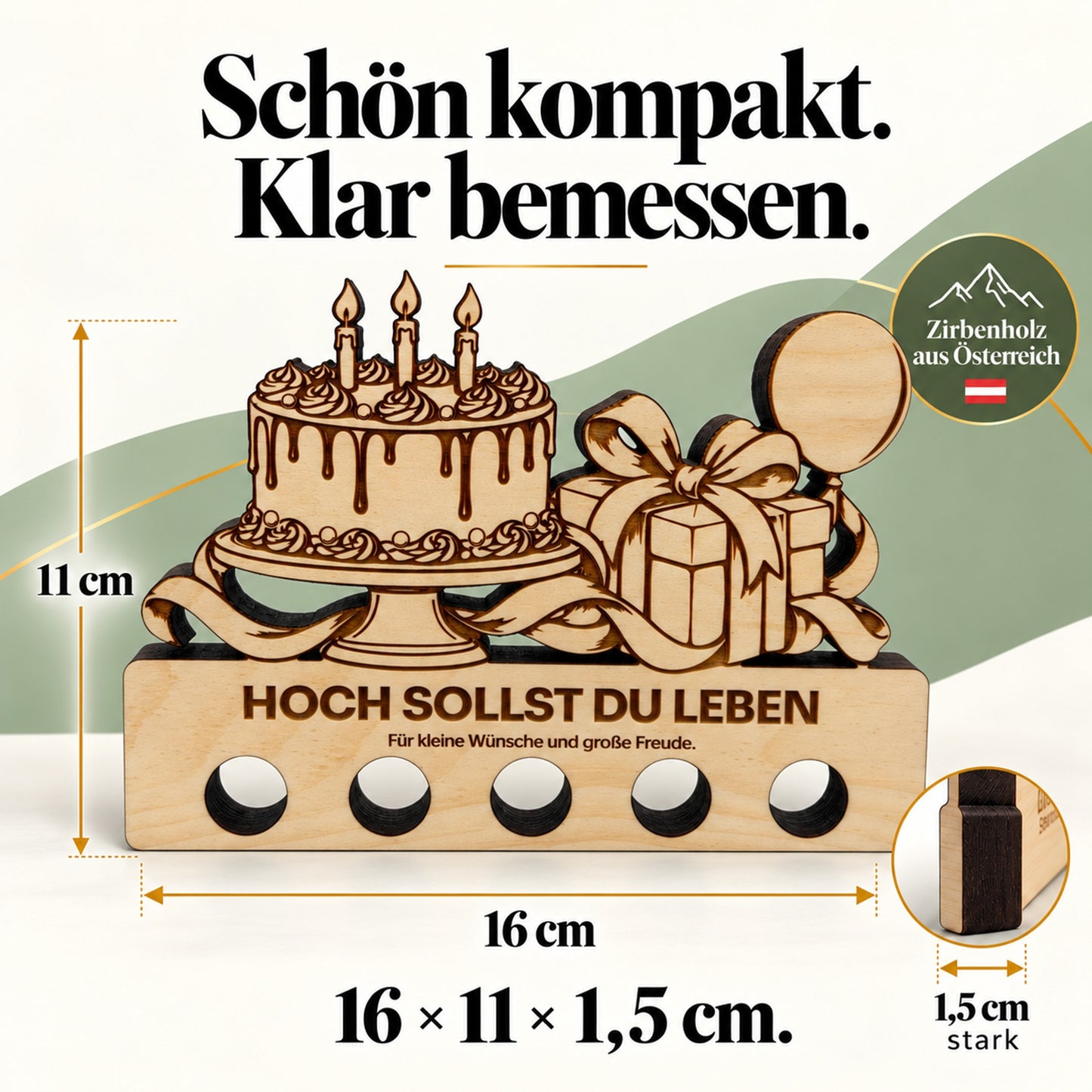 Hoch sollst du leben – Geldgeschenk aus Zirbenholz