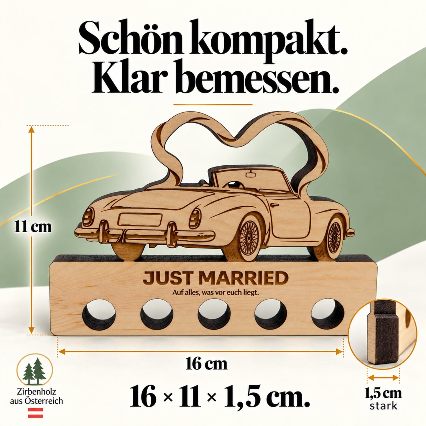 Just Married – Geldgeschenk aus Zirbenholz