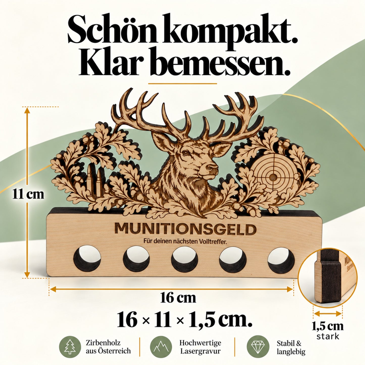 Munitionsgeld – Geldgeschenk aus Zirbenholz