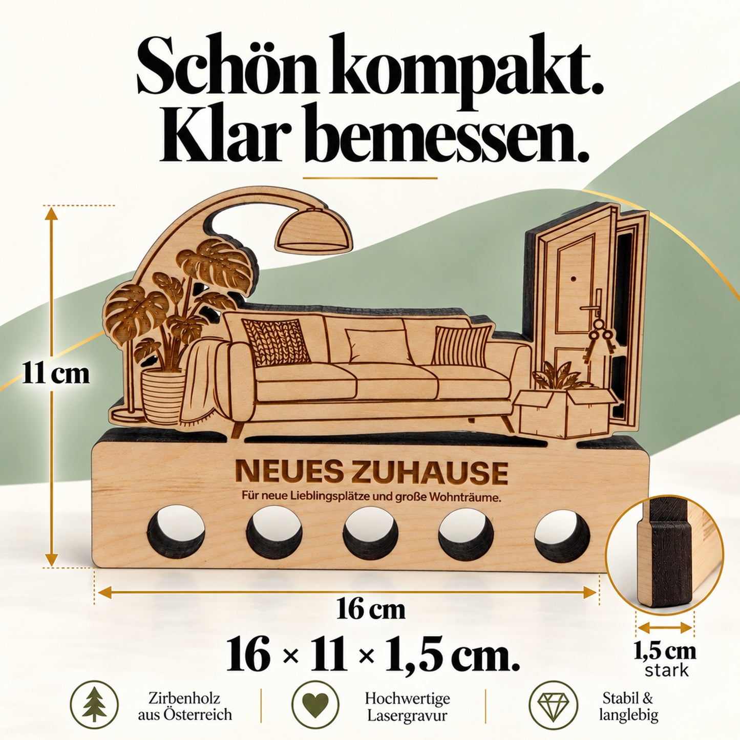 Neues Zuhause – Geldgeschenk aus Zirbenholz