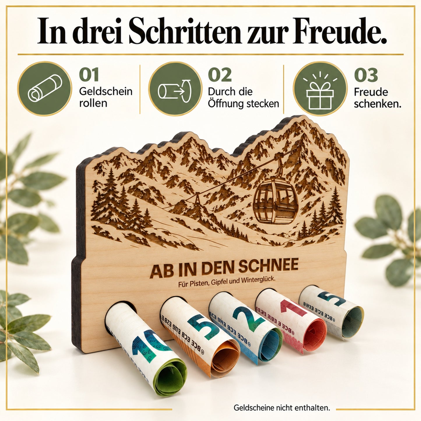 Ab in den Schnee – Geldgeschenk aus Zirbenholz