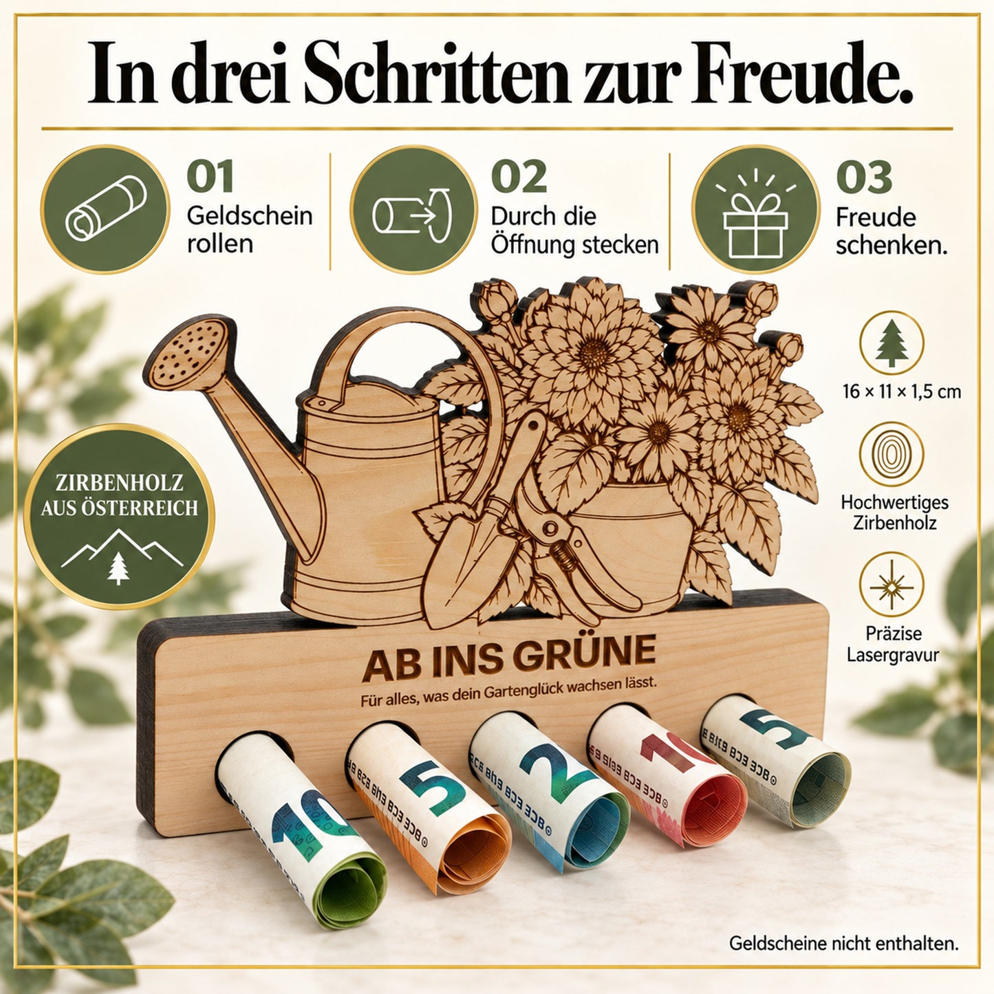 Ab ins Grüne – Geldgeschenk aus Zirbenholz