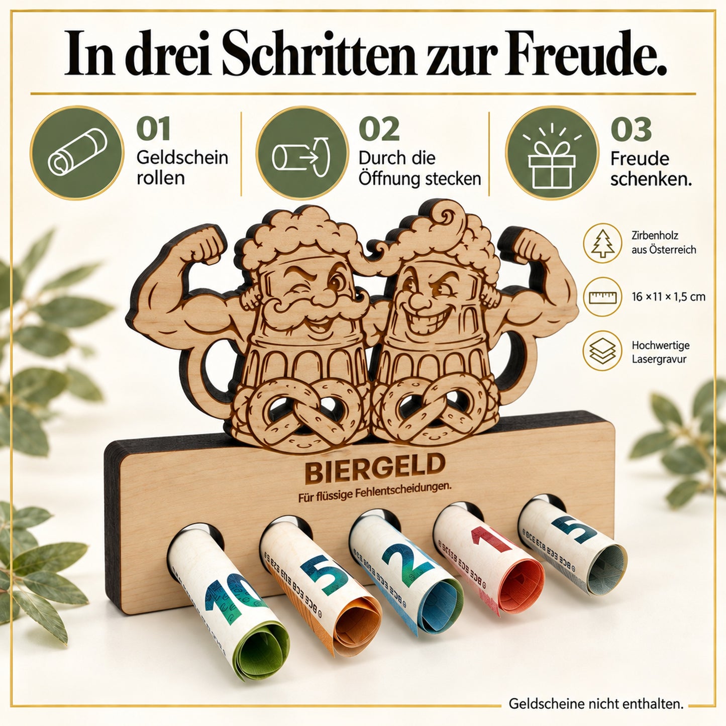 Biergeld – Geldgeschenk aus Zirbenholz