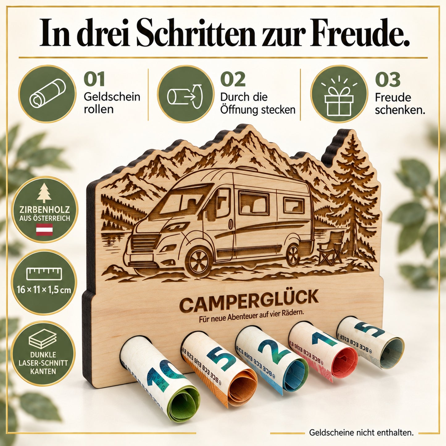 Camperglück – Geldgeschenk aus Zirbenholz