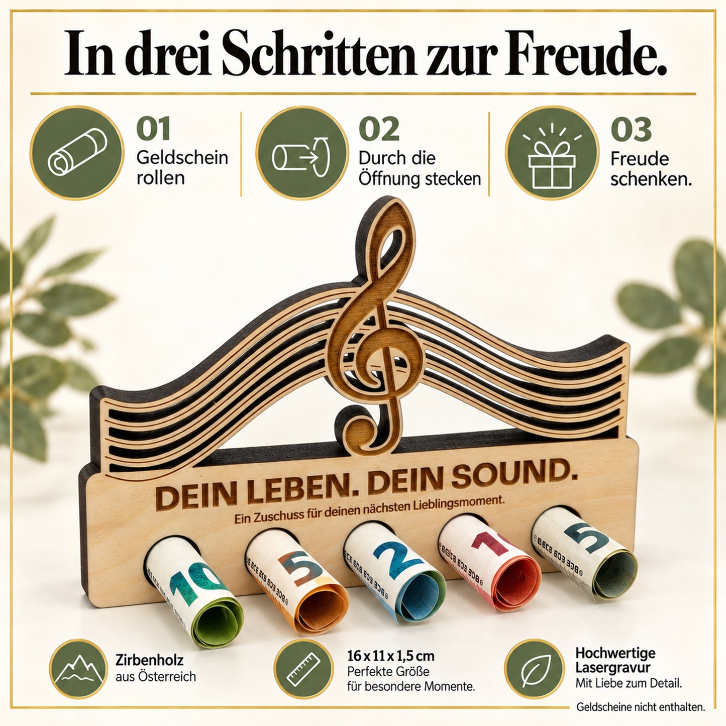 Dein Leben Dein Sound – Geldgeschenk aus Zirbenholz