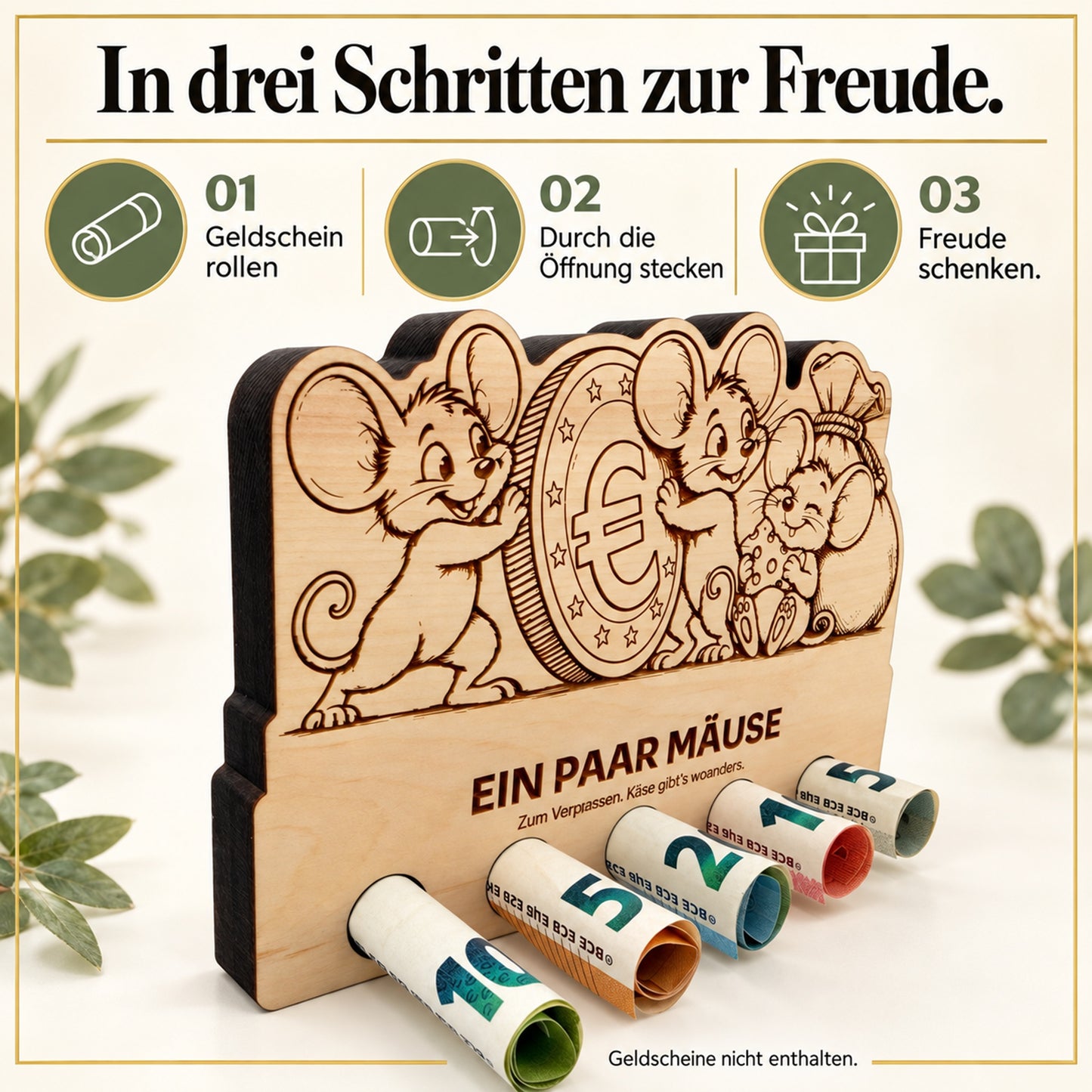 Ein paar Mäuse – Geldgeschenk aus Zirbenholz