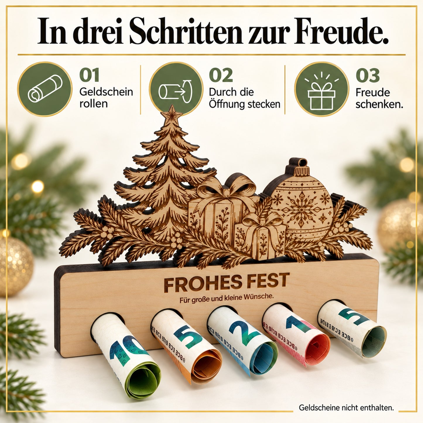 Frohes Fest – Geldgeschenk aus Zirbenholz