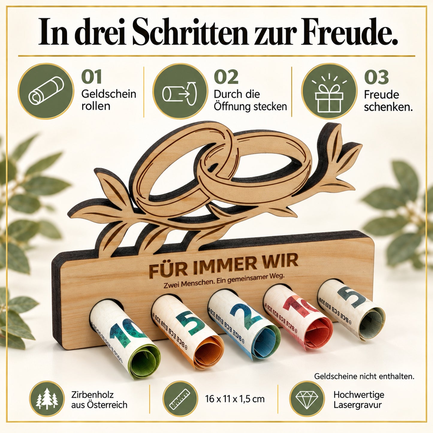 Für immer wir – Geldgeschenk aus Zirbenholz