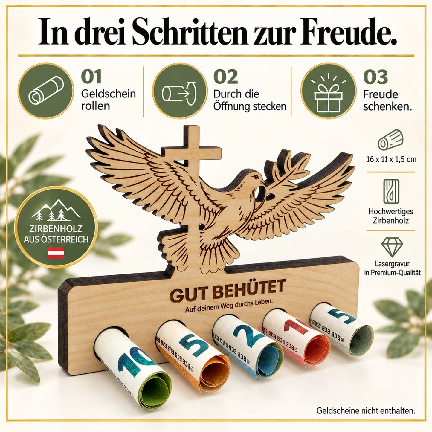 Gut behütet – Geldgeschenk aus Zirbenholz