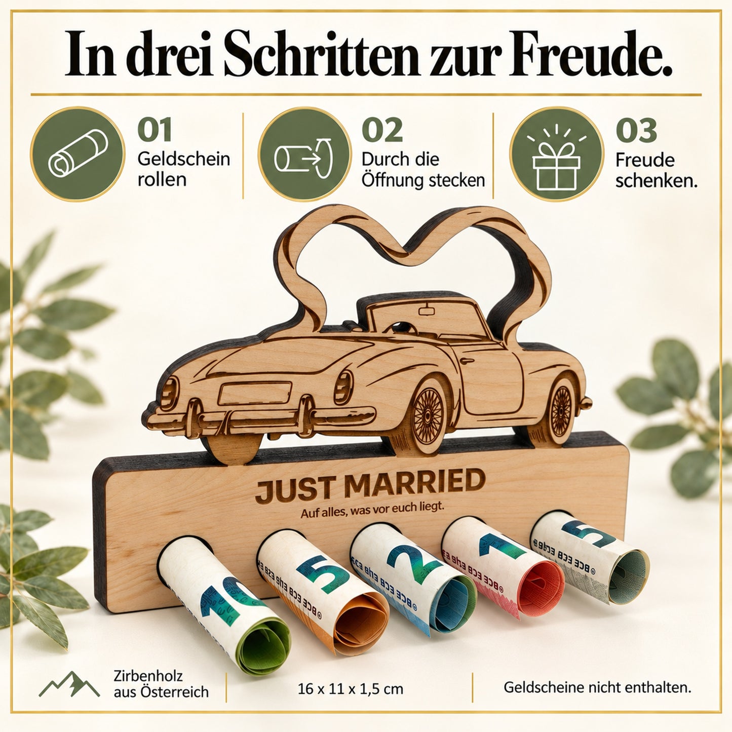 Just Married – Geldgeschenk aus Zirbenholz