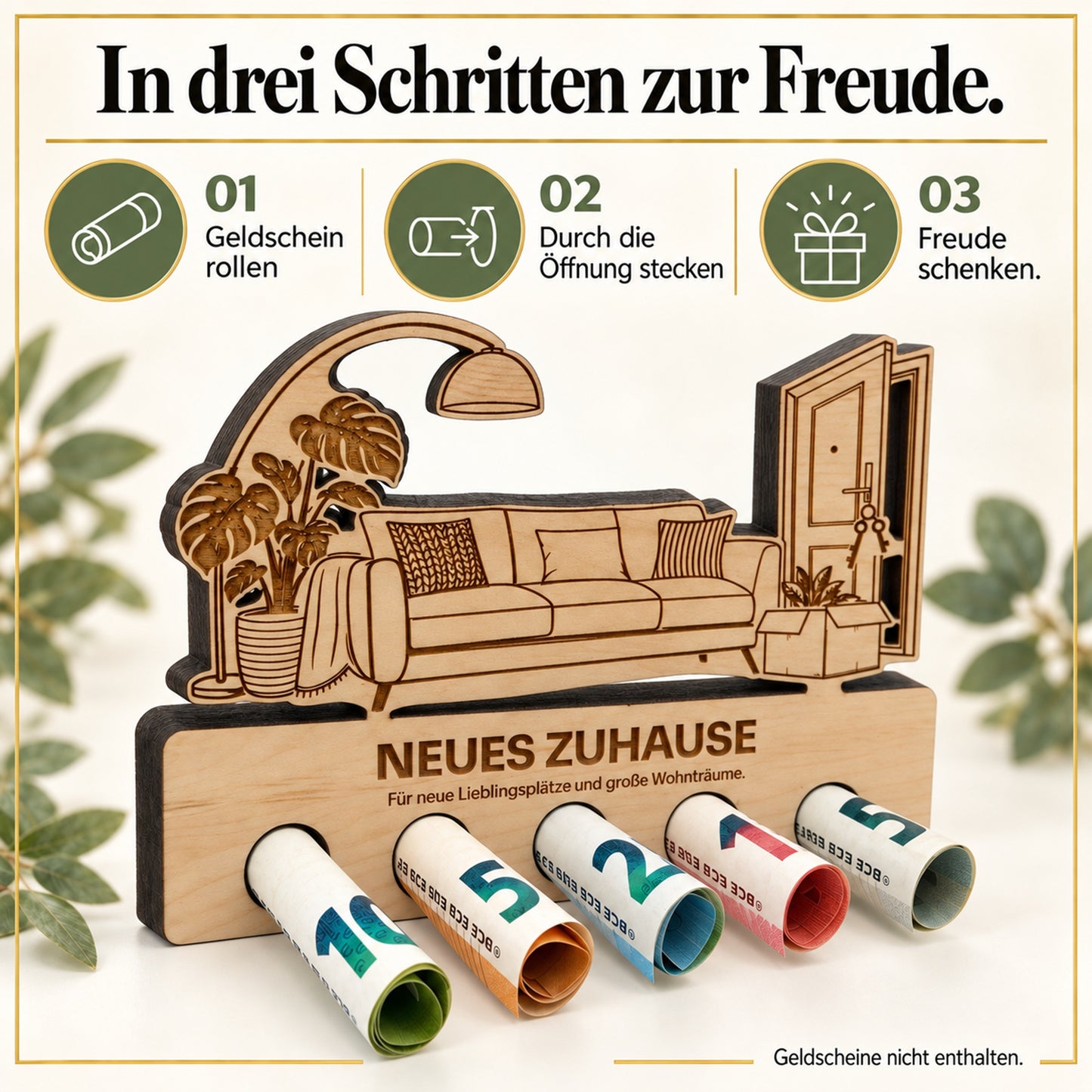 Neues Zuhause – Geldgeschenk aus Zirbenholz