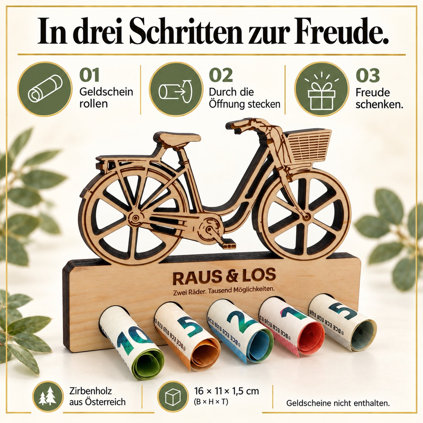 Raus und Los – Geldgeschenk aus Zirbenholz