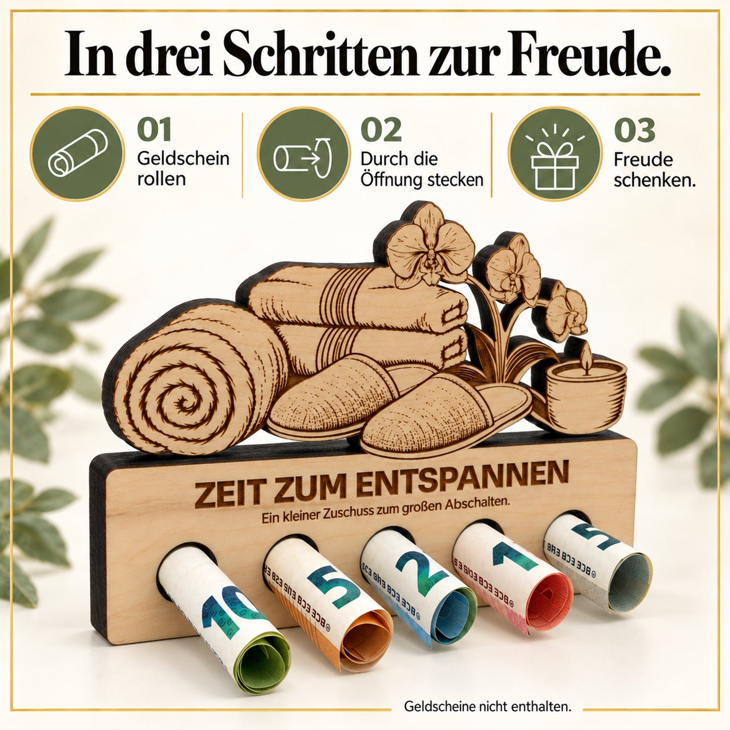 Zeit zum Entspannen – Geldgeschenk aus Zirbenholz