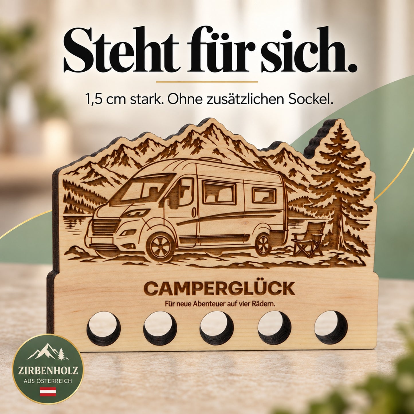 Camperglück – Geldgeschenk aus Zirbenholz