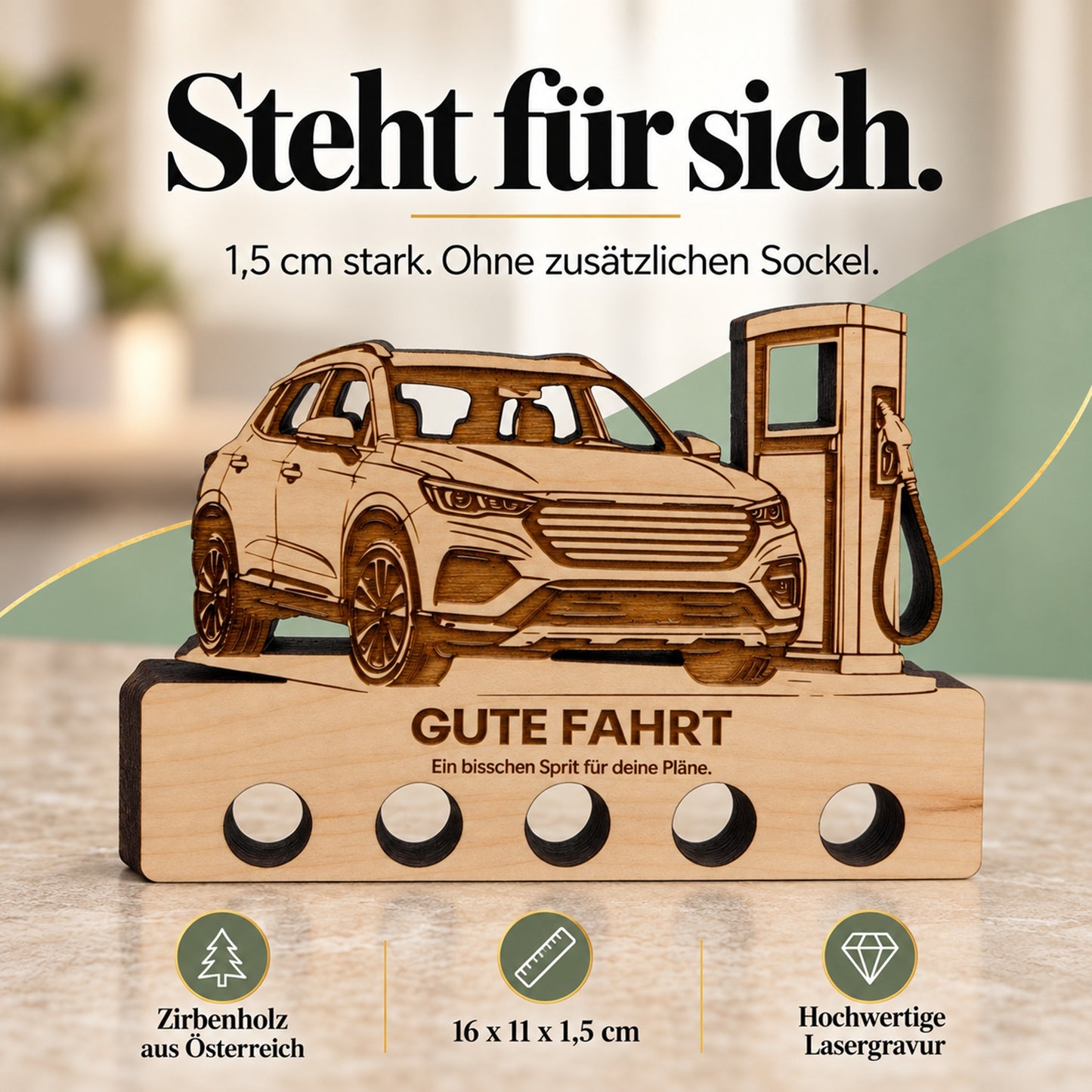 Gute Fahrt – Geldgeschenk aus Zirbenholz