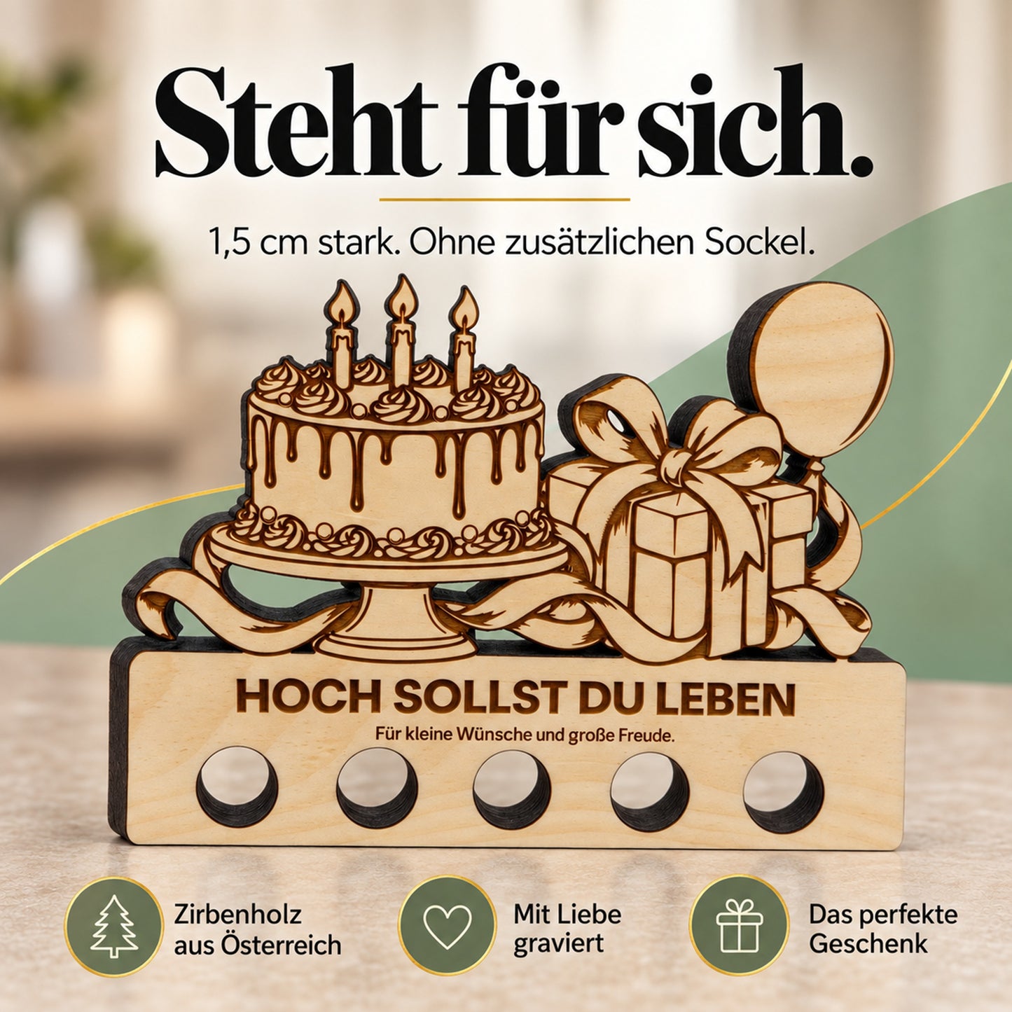 Hoch sollst du leben – Geldgeschenk aus Zirbenholz