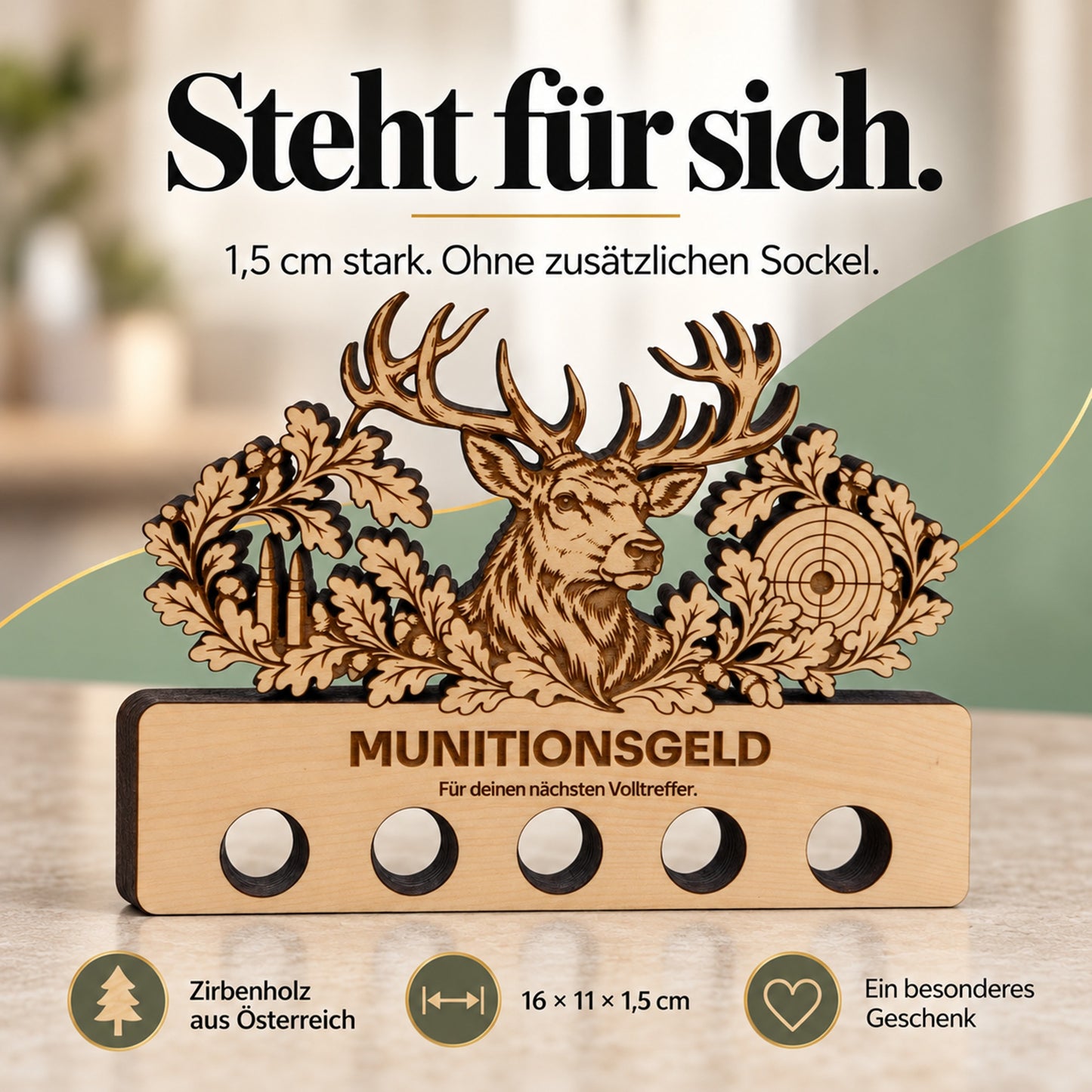Munitionsgeld – Geldgeschenk aus Zirbenholz