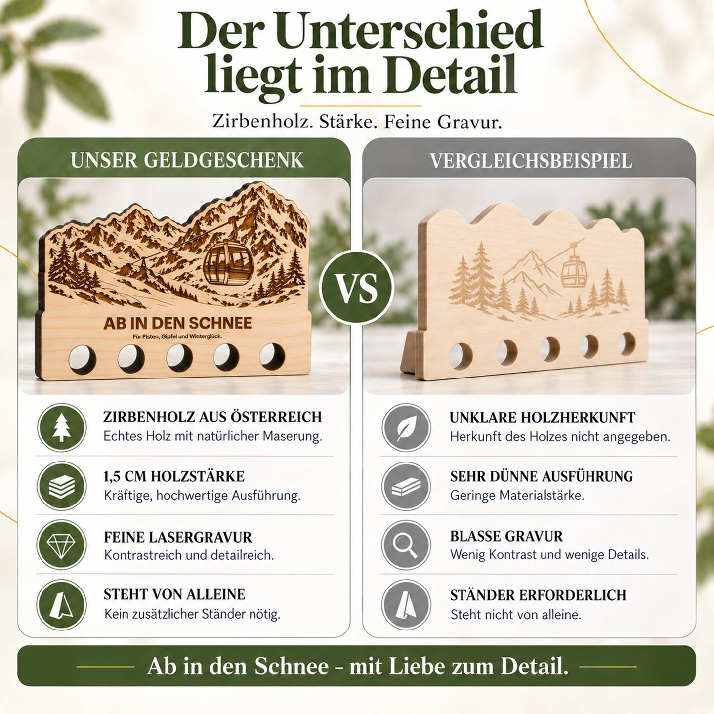 Ab in den Schnee – Geldgeschenk aus Zirbenholz