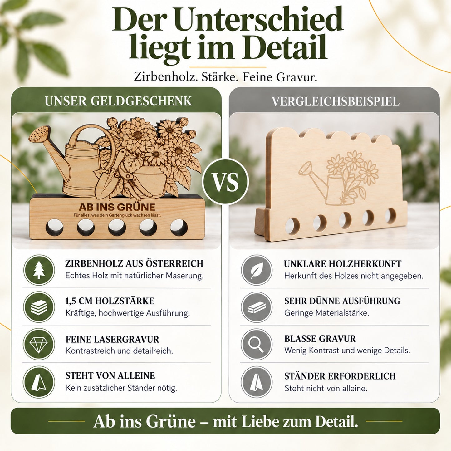 Ab ins Grüne – Geldgeschenk aus Zirbenholz