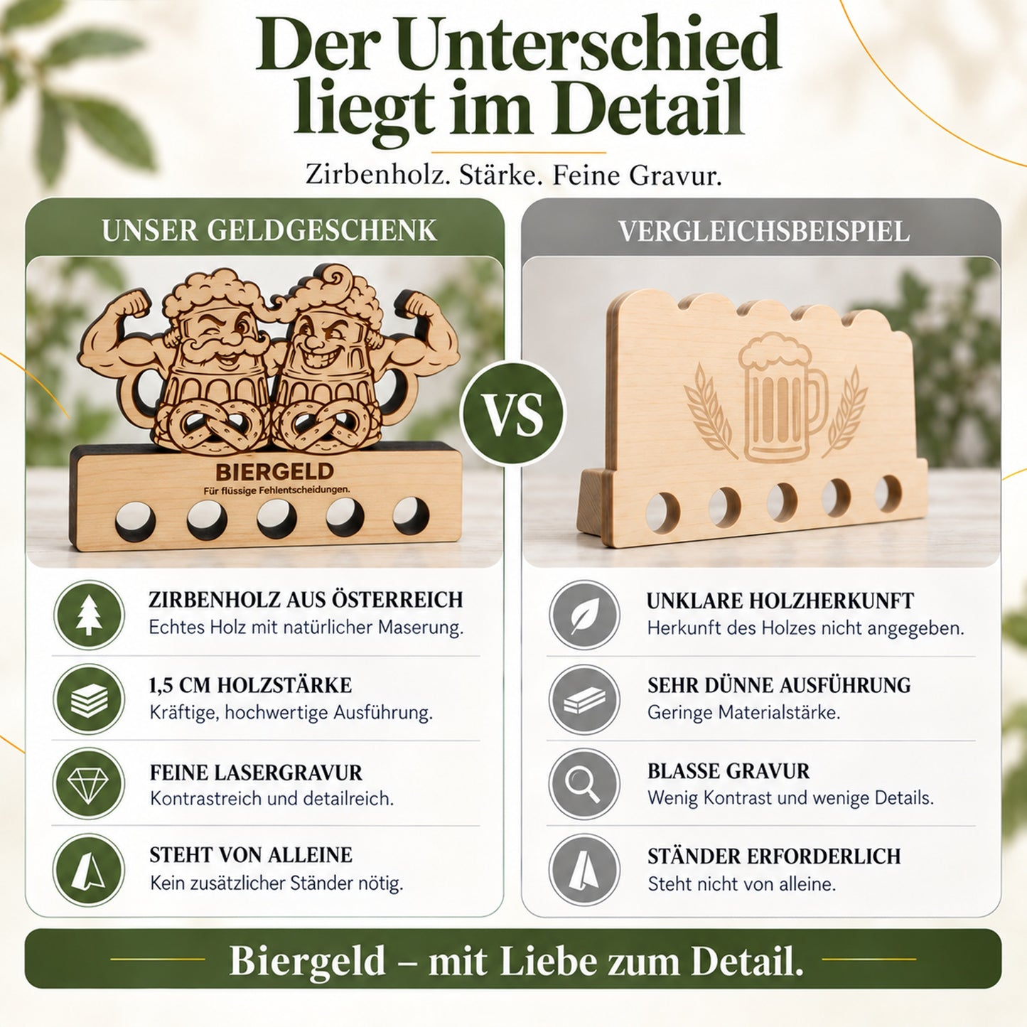Biergeld – Geldgeschenk aus Zirbenholz