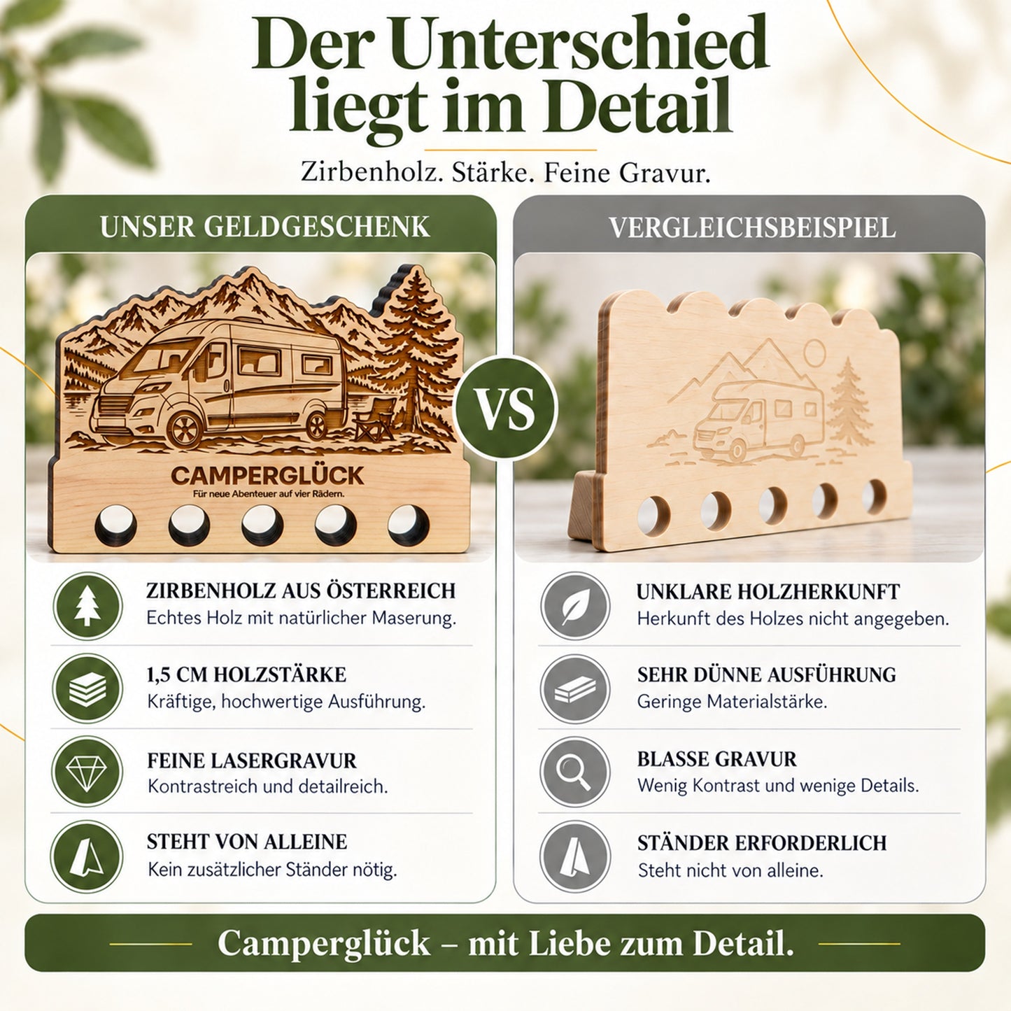 Camperglück – Geldgeschenk aus Zirbenholz