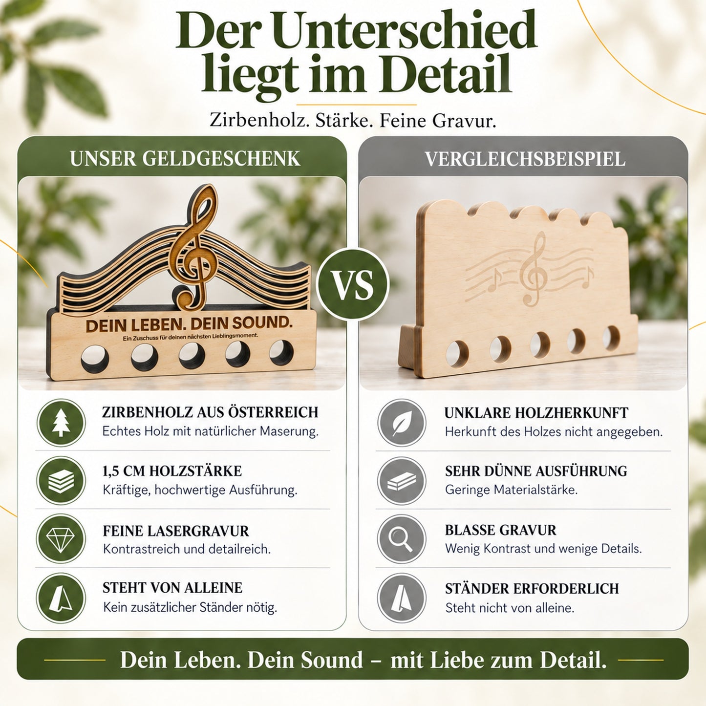 Dein Leben Dein Sound – Geldgeschenk aus Zirbenholz