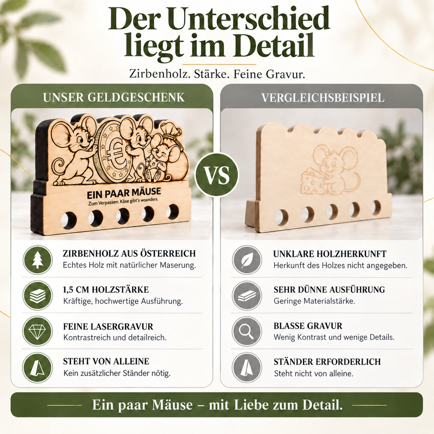 Ein paar Mäuse – Geldgeschenk aus Zirbenholz
