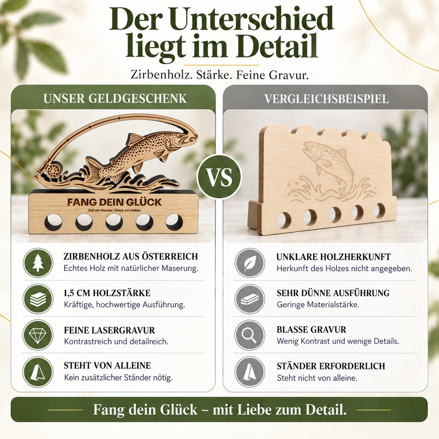 Fang dein Glück – Geldgeschenk aus Zirbenholz