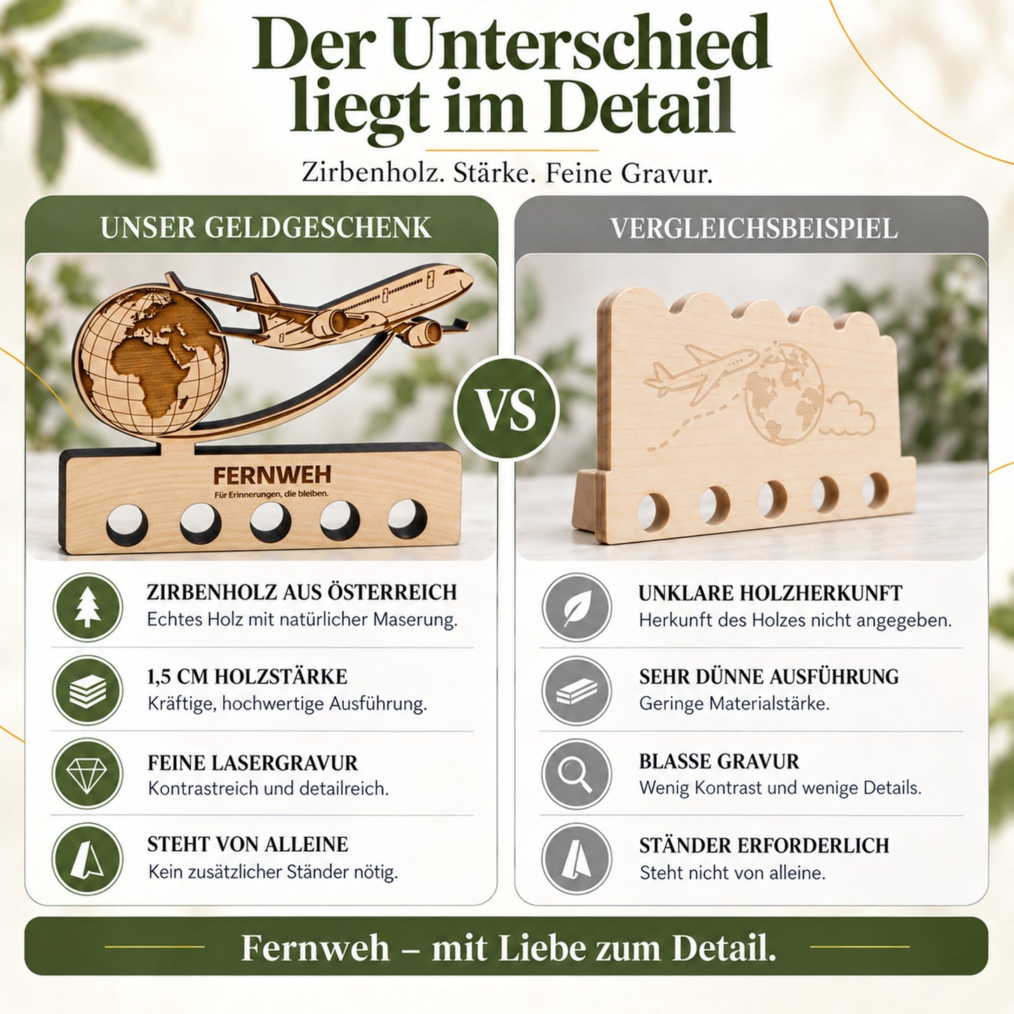 Fernweh – Geldgeschenk aus Zirbenholz