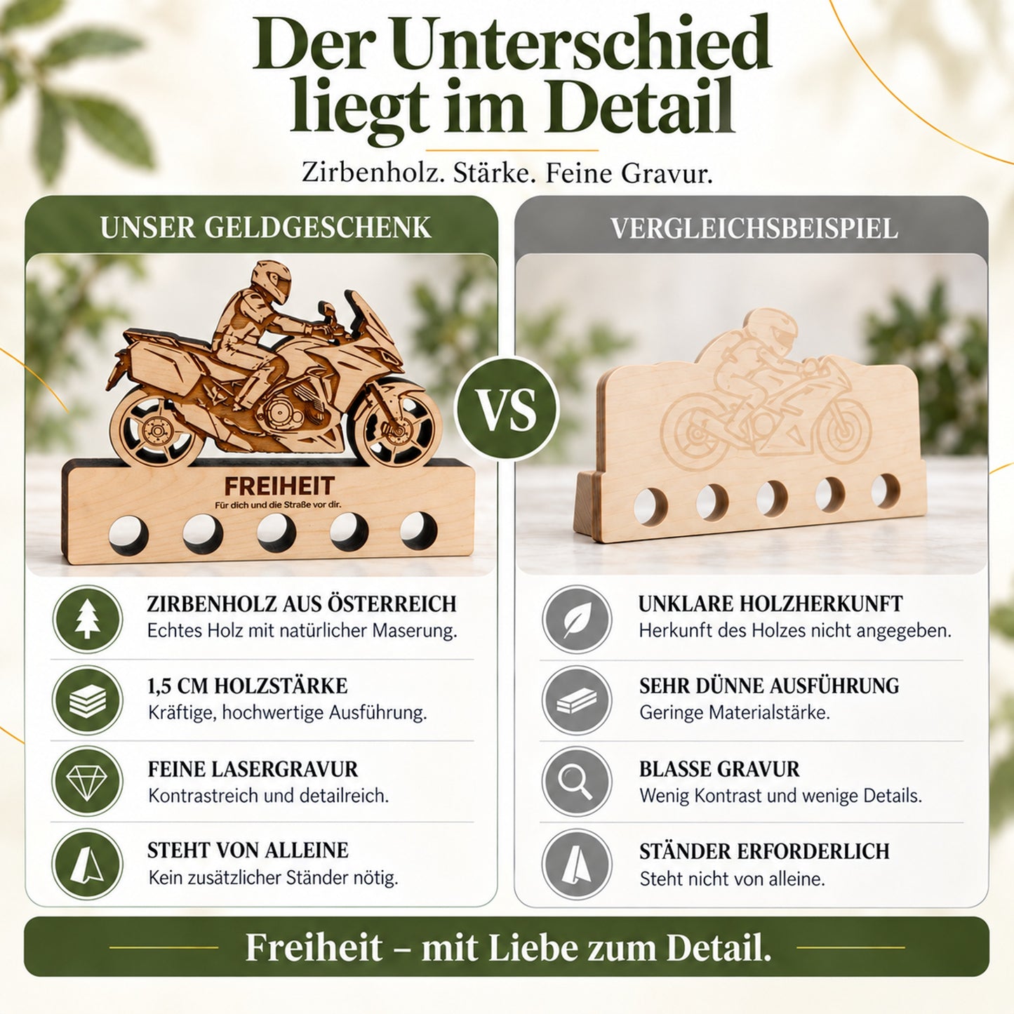 Freiheit – Geldgeschenk aus Zirbenholz