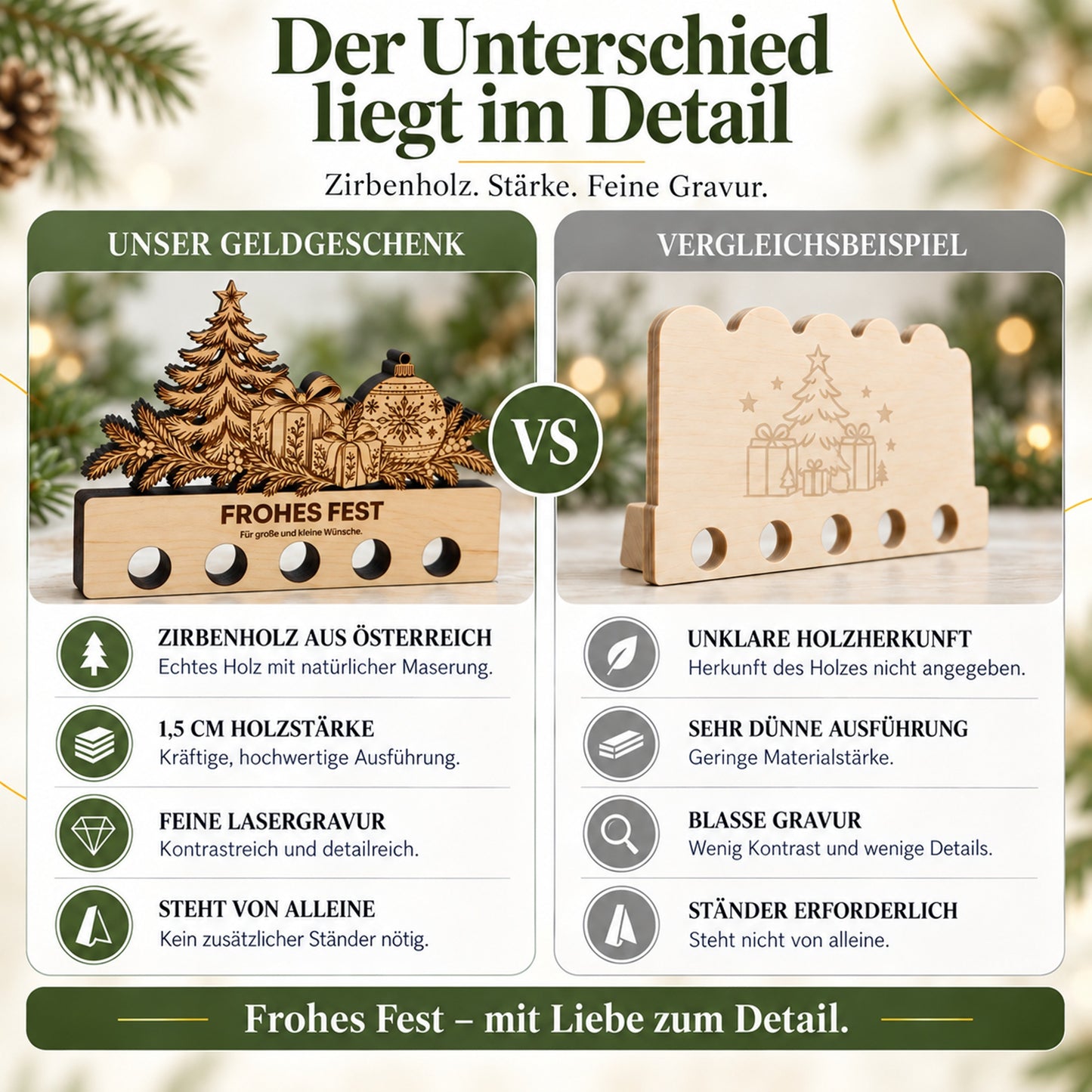 Frohes Fest – Geldgeschenk aus Zirbenholz