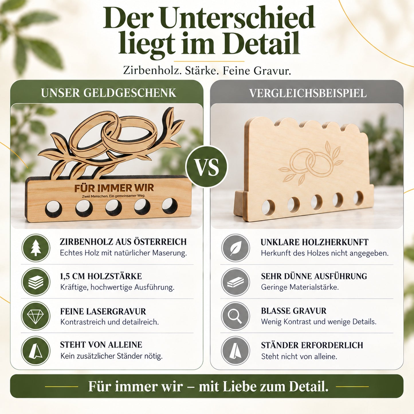 Für immer wir – Geldgeschenk aus Zirbenholz