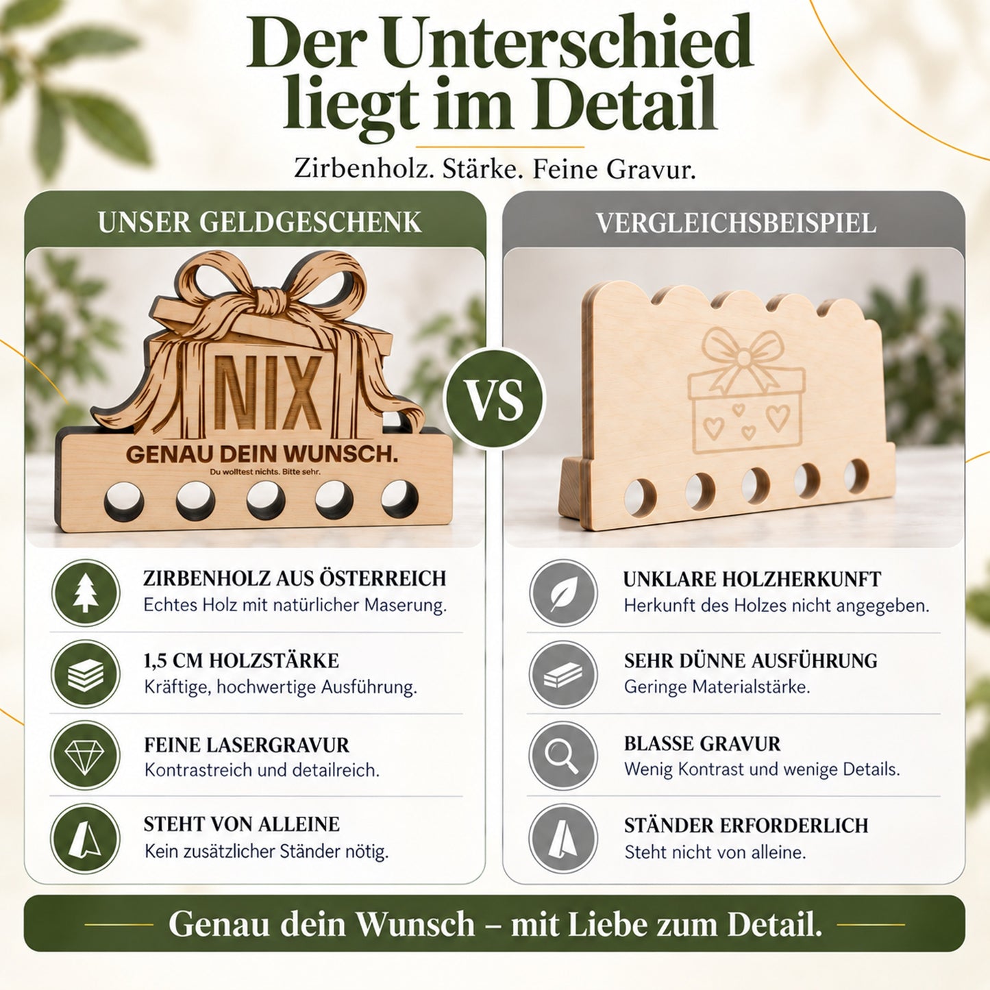 Genau dein Wunsch – Geldgeschenk aus Zirbenholz