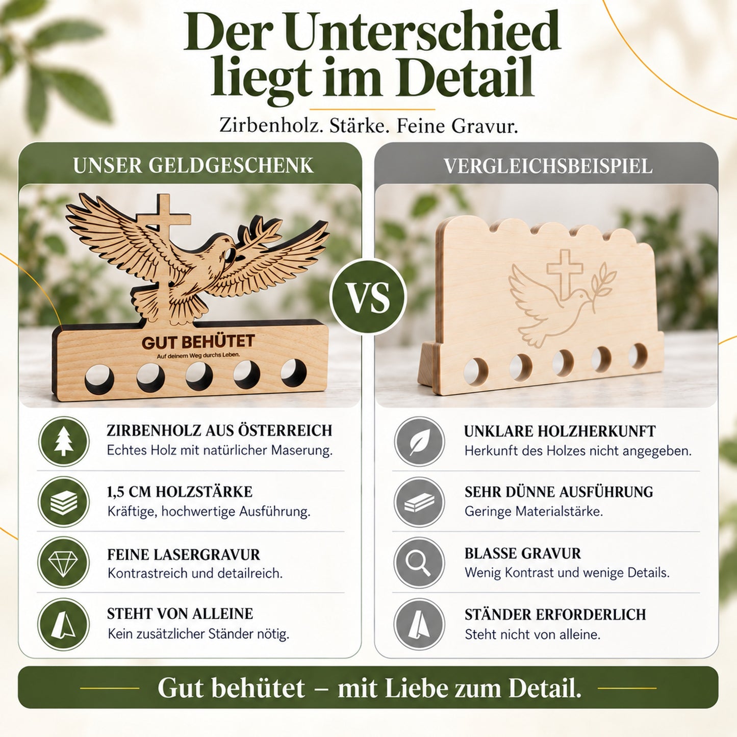 Gut behütet – Geldgeschenk aus Zirbenholz