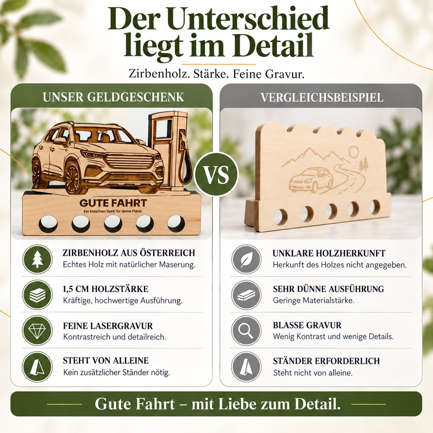 Gute Fahrt – Geldgeschenk aus Zirbenholz