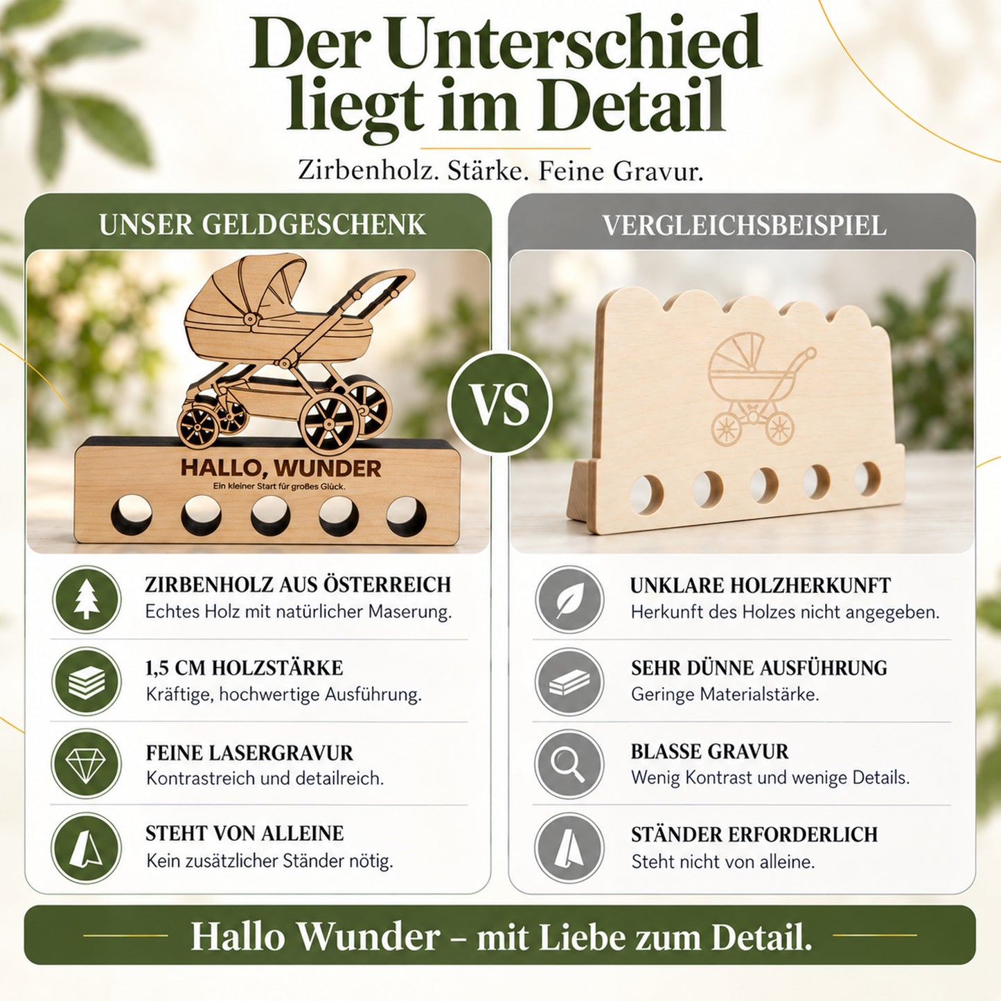 Hallo Wunder – Geldgeschenk aus Zirbenholz