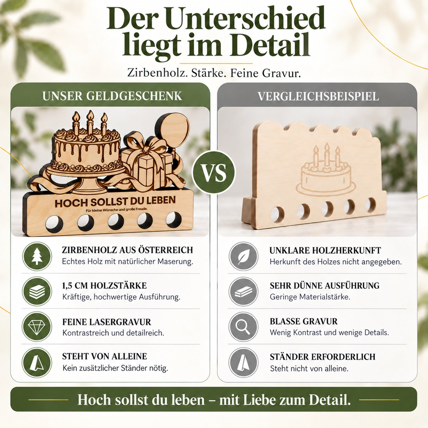 Hoch sollst du leben – Geldgeschenk aus Zirbenholz