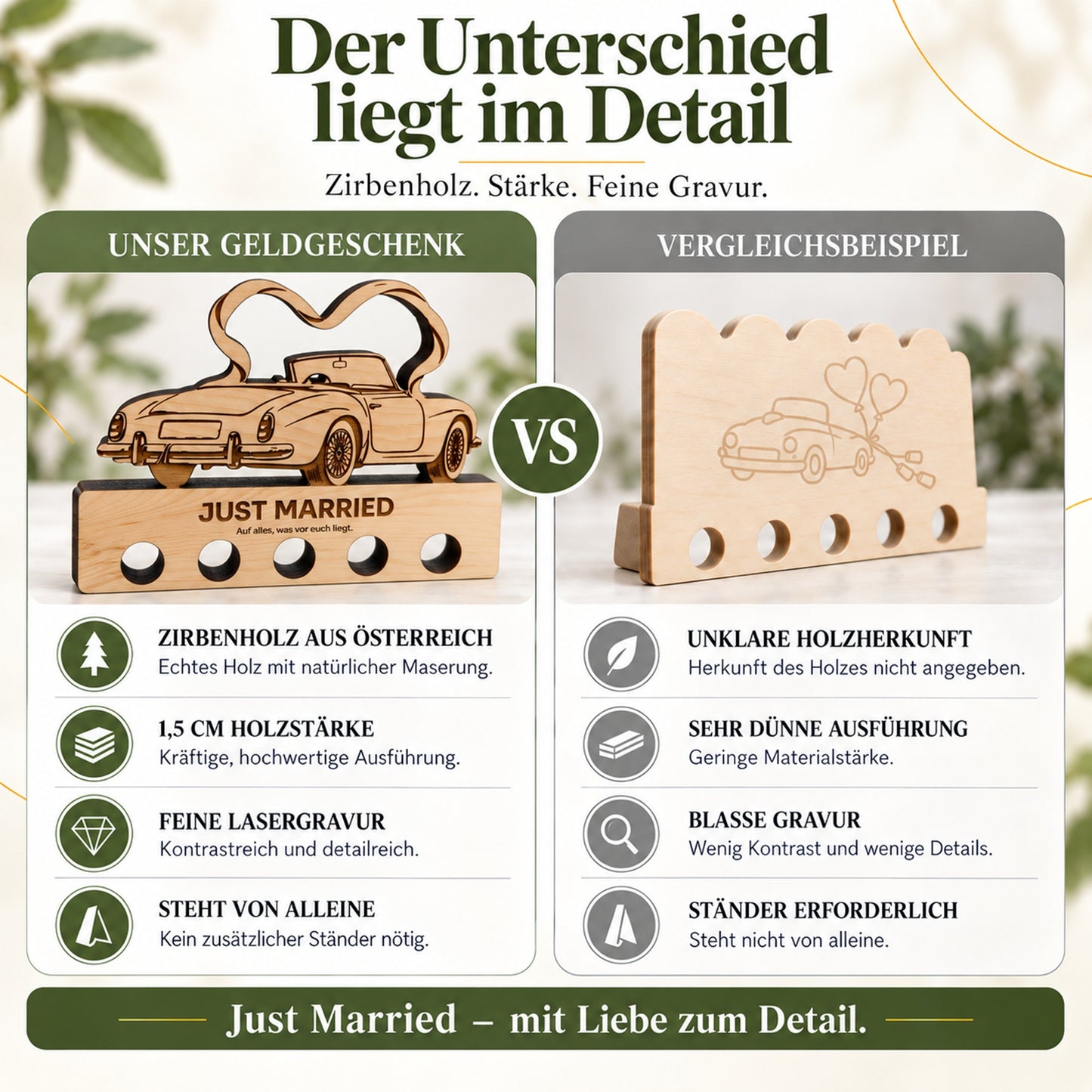 Just Married – Geldgeschenk aus Zirbenholz