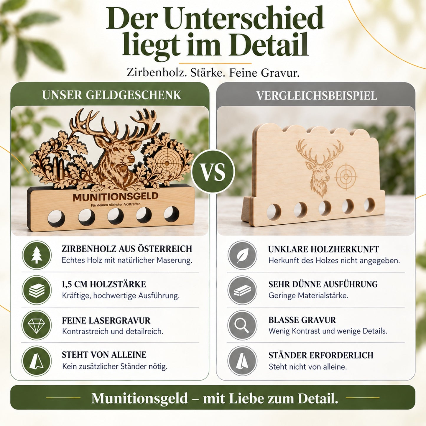 Munitionsgeld – Geldgeschenk aus Zirbenholz