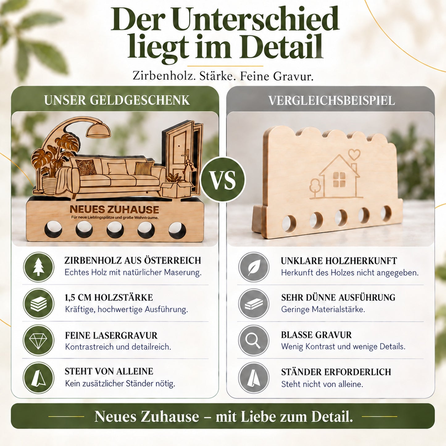 Neues Zuhause – Geldgeschenk aus Zirbenholz