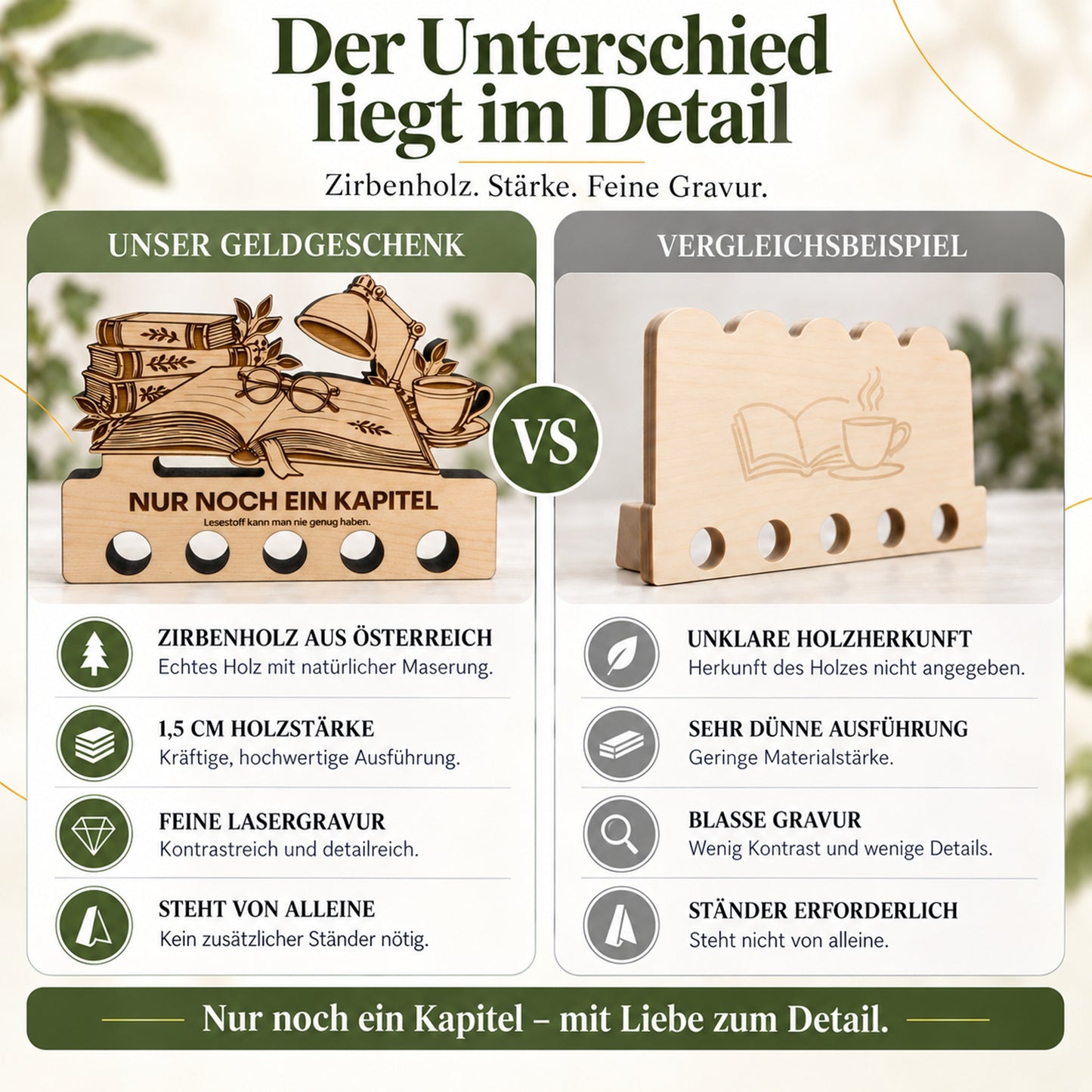 Nur noch ein Kapitel – Geldgeschenk aus Zirbenholz