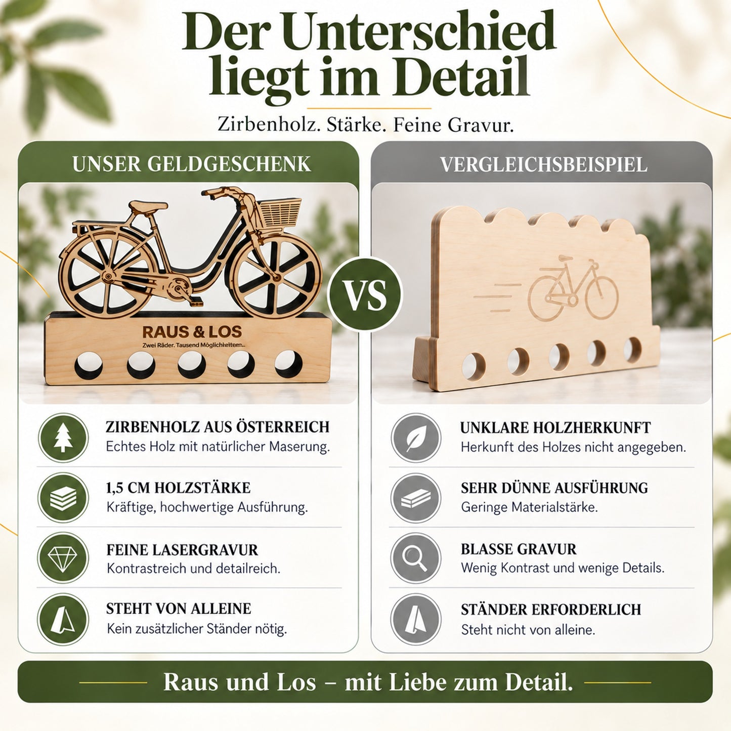 Raus und Los – Geldgeschenk aus Zirbenholz