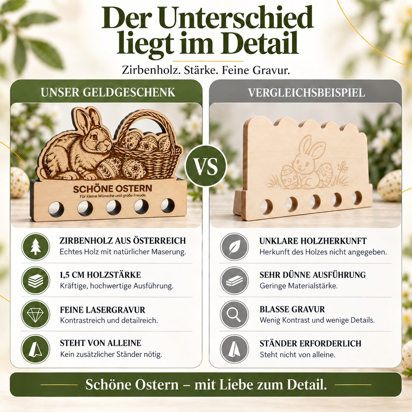 Schöne Ostern – Geldgeschenk aus Zirbenholz