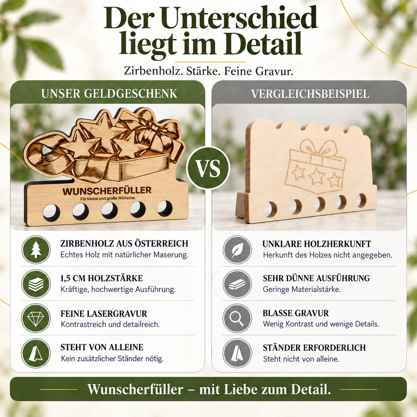 Wunscherfüller – Geldgeschenk aus Zirbenholz