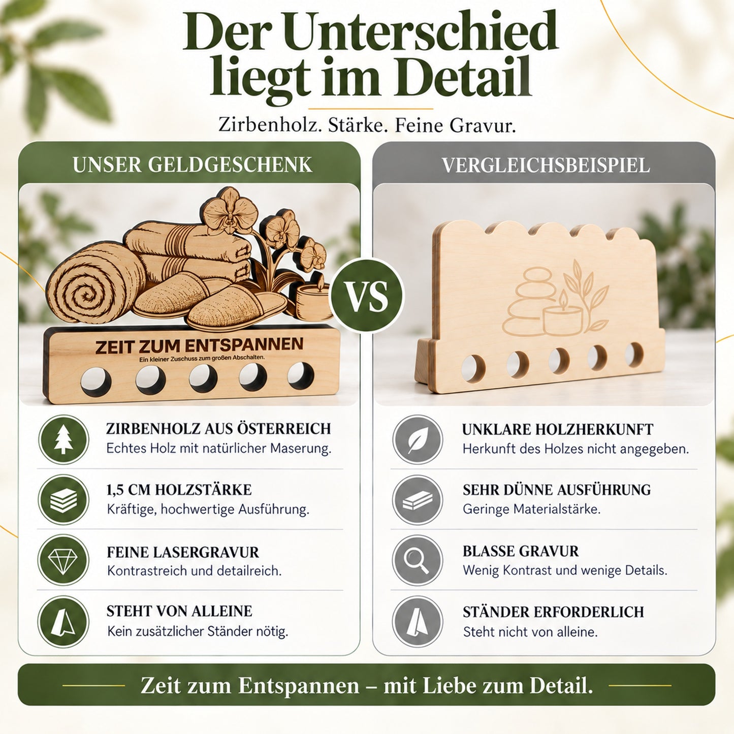 Zeit zum Entspannen – Geldgeschenk aus Zirbenholz