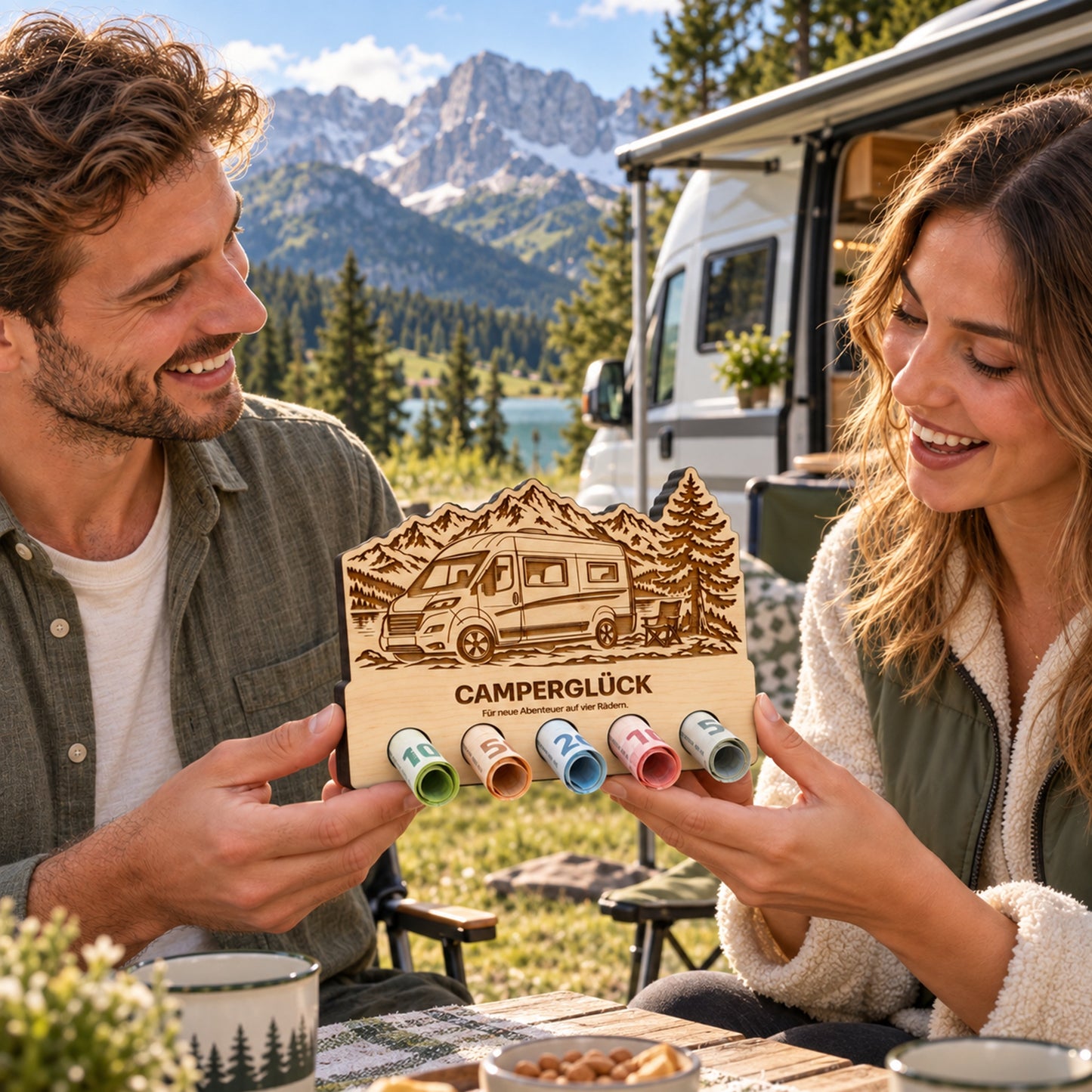 Camperglück – Geldgeschenk aus Zirbenholz