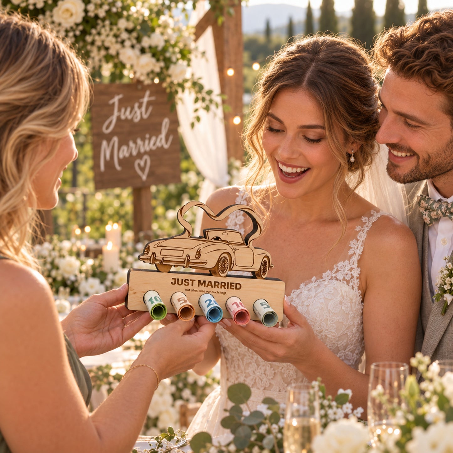 Just Married – Geldgeschenk aus Zirbenholz