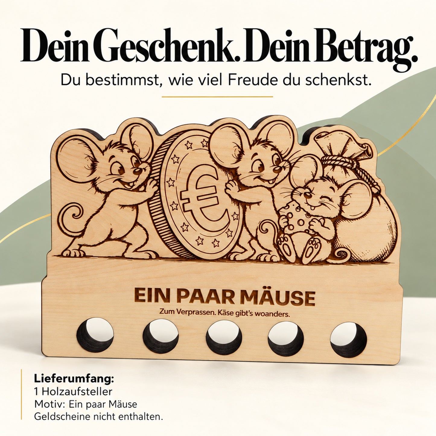 Ein paar Mäuse – Geldgeschenk aus Zirbenholz